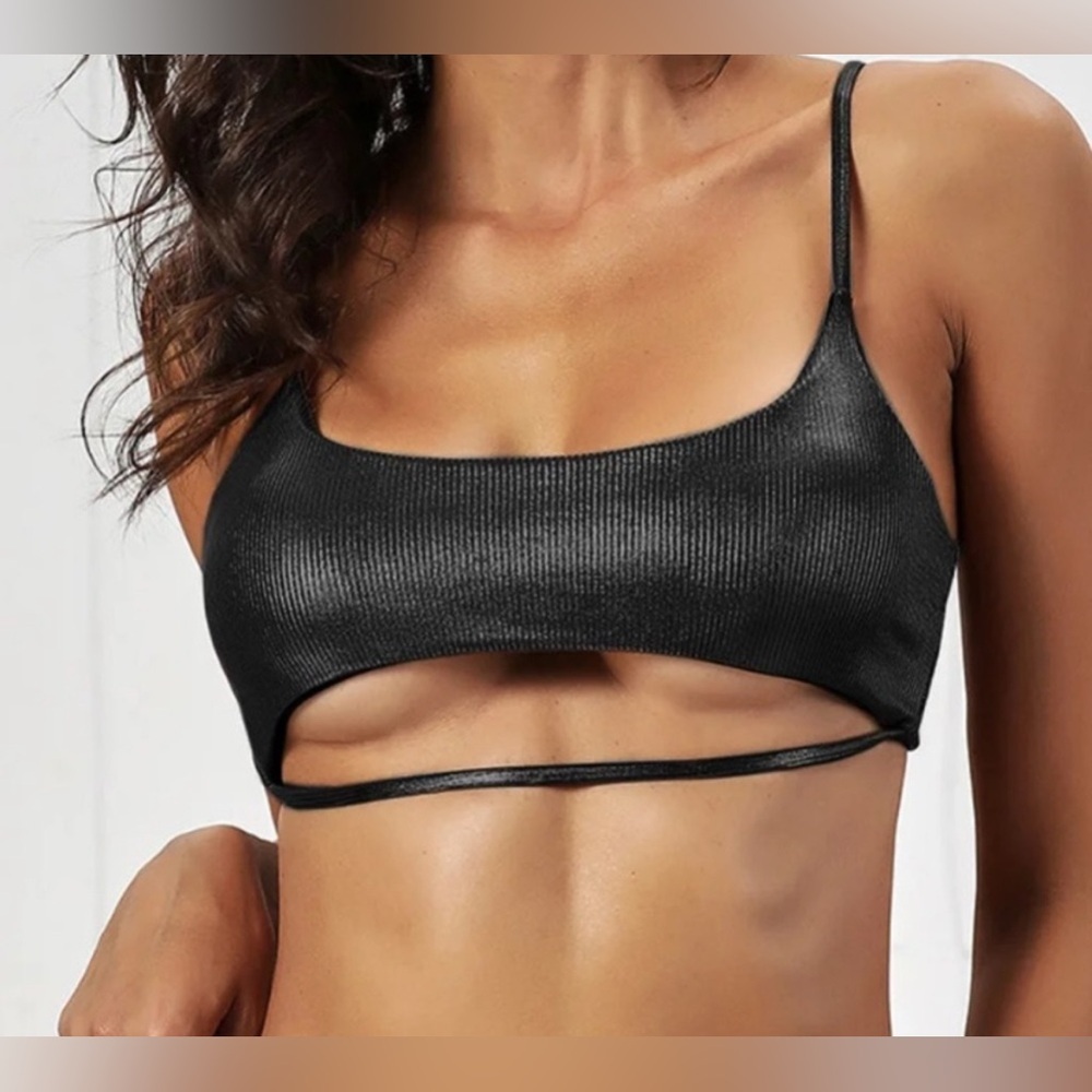 OH POLLY Metallic Skimpy Strappy Swim Top Bikini in Black Size Small
